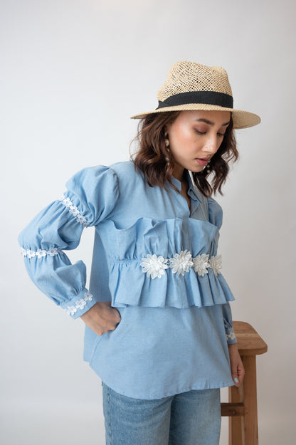 Chambray Top With 3D Flowers