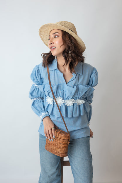 Chambray Top With 3D Flowers