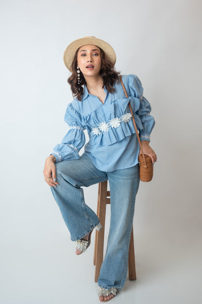 Chambray Top With 3D Flowers