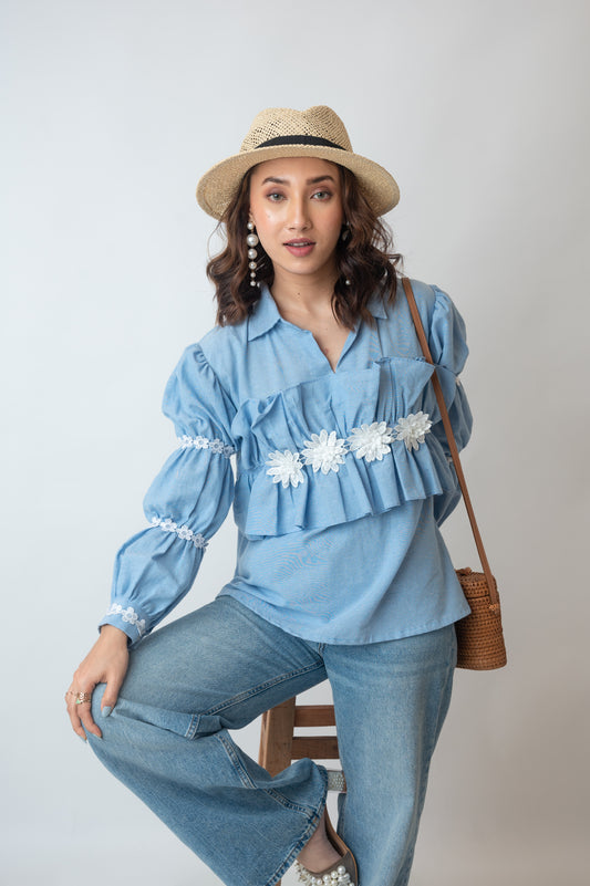 Chambray Top With 3D Flowers