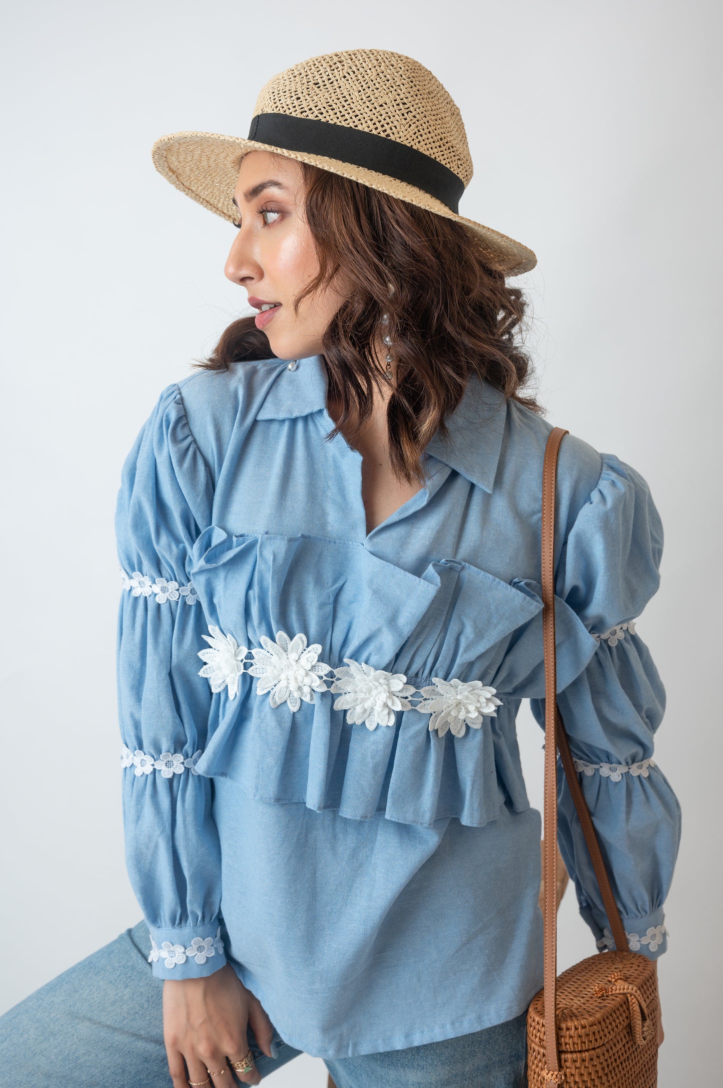 Chambray Top With 3D Flowers