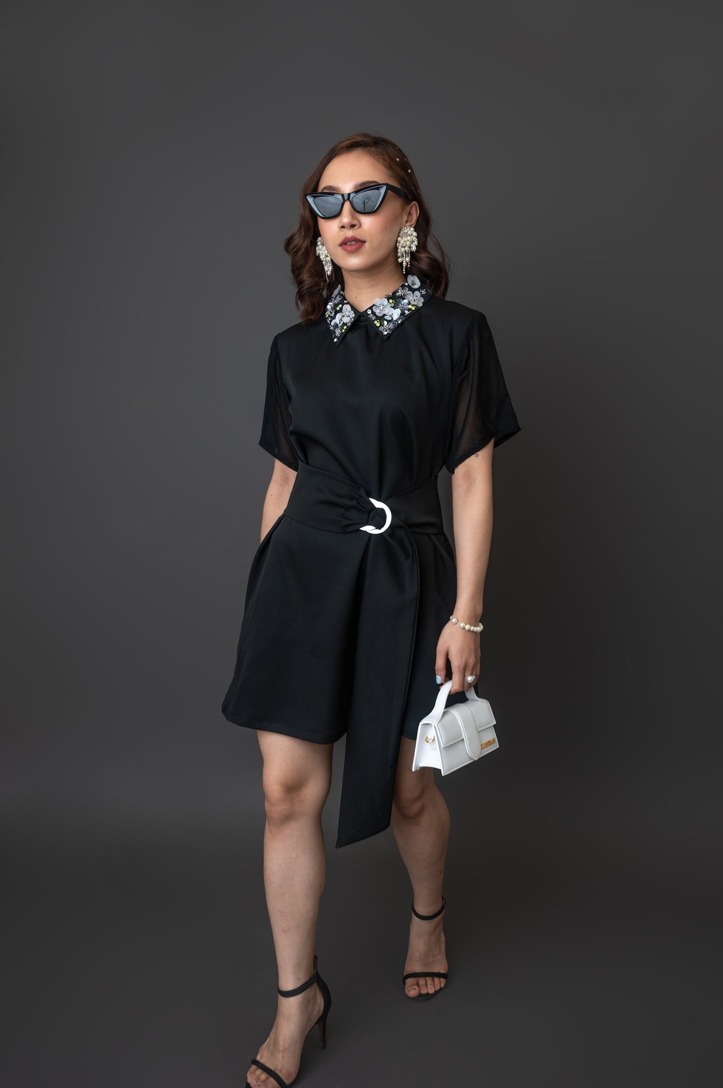 Half Sleeve Black Dress With Embellished Collar