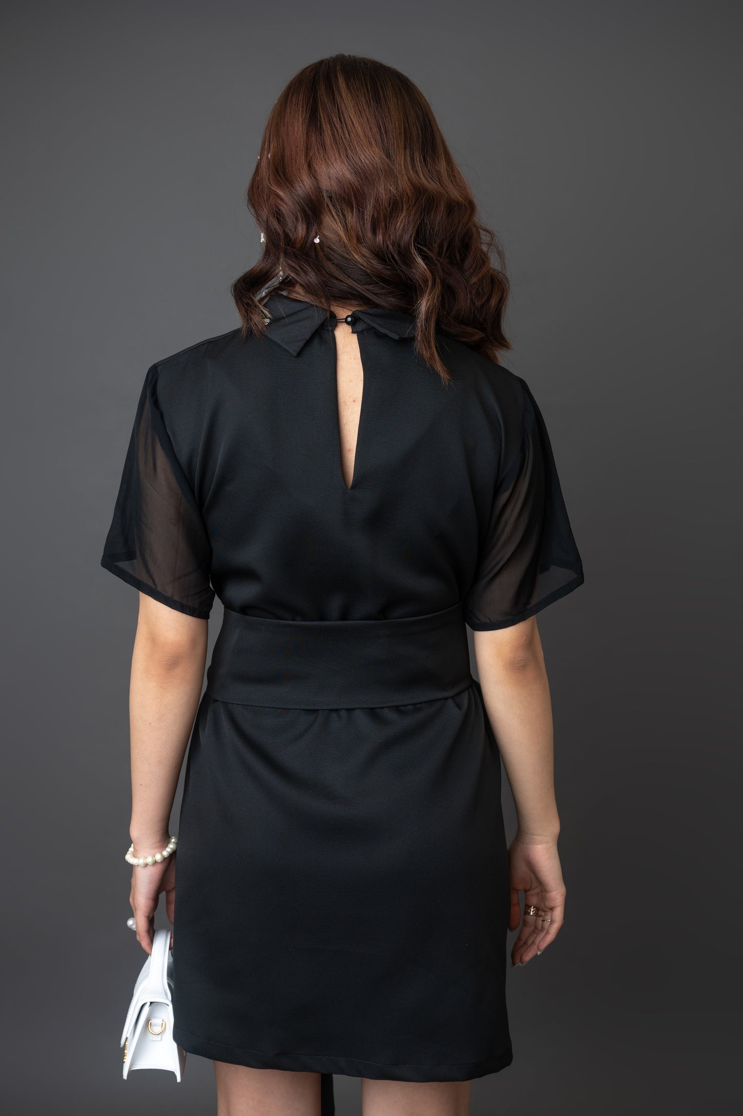 Half Sleeve Black Dress With Embellished Collar