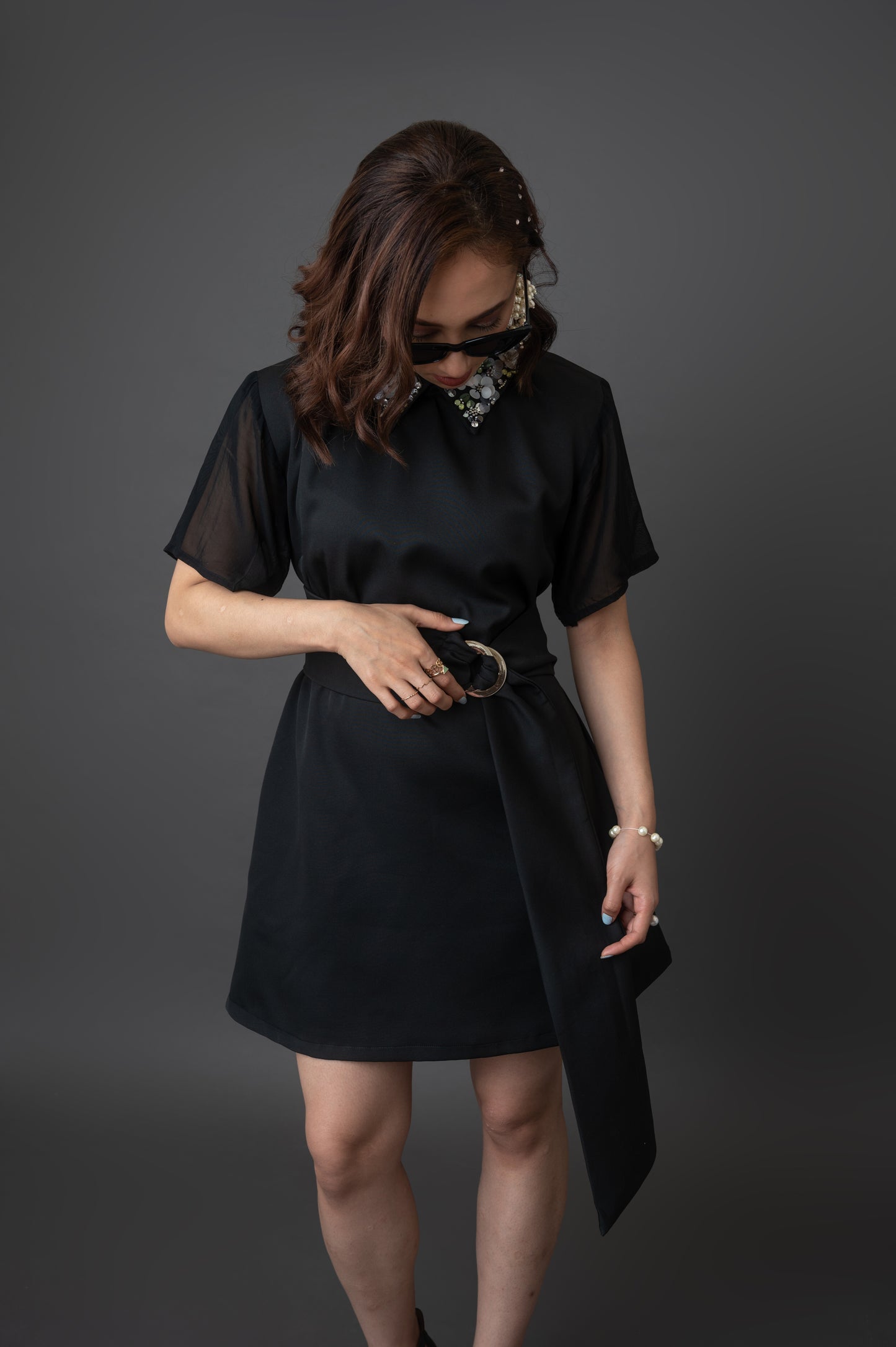 Half Sleeve Black Dress With Embellished Collar