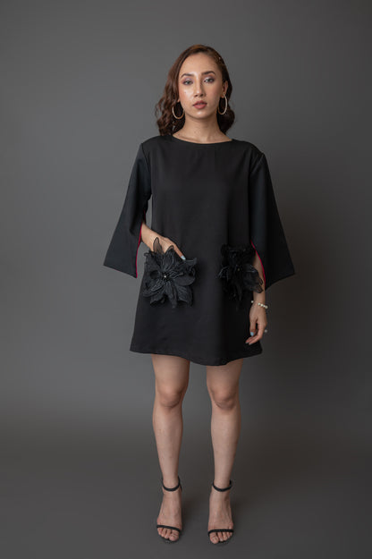 Black Shift Dress With 3d Flower Patch Pockets