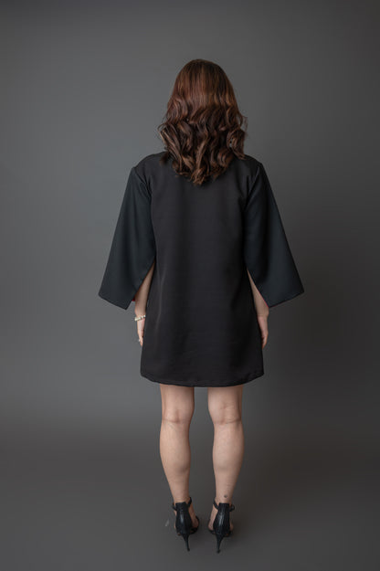 Black Shift Dress With 3d Flower Patch Pockets