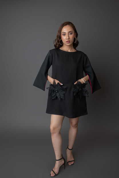 Black Shift Dress With 3d Flower Patch Pockets