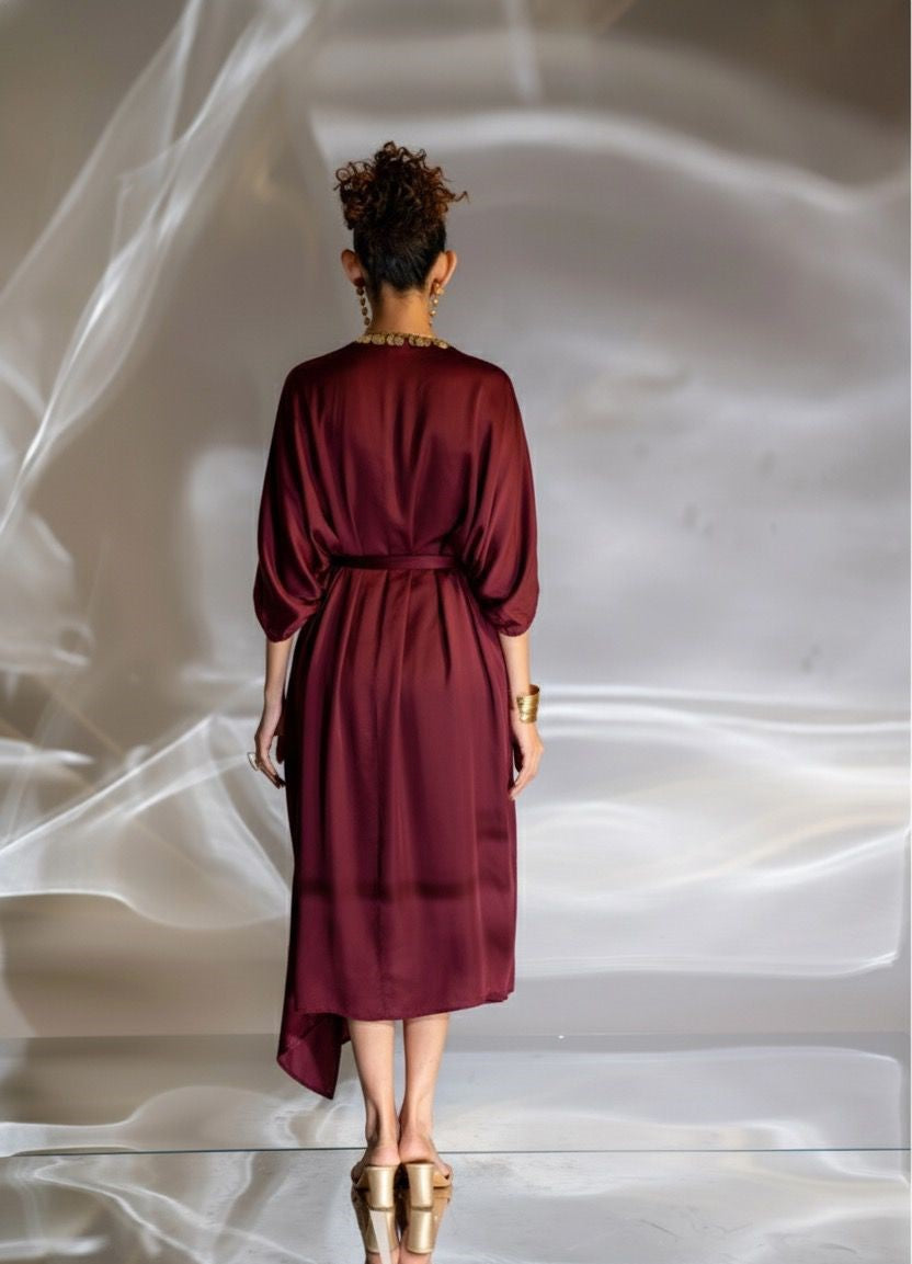 Tahira Drape Dress in Burgundy