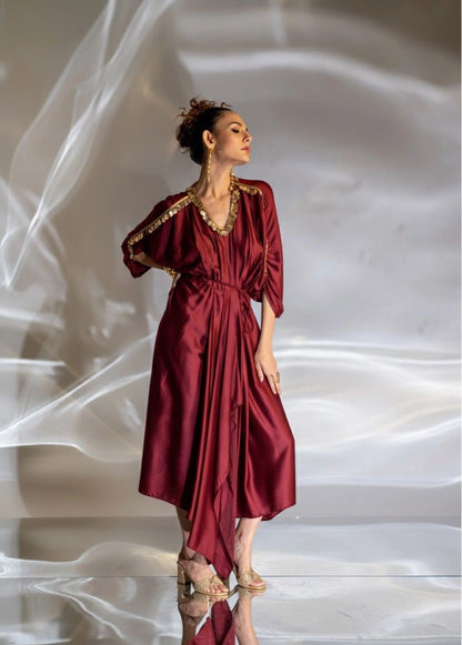 Tahira Drape Dress in Burgundy