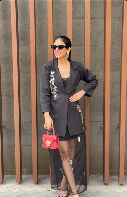 Embellished Blazer Dress with Mesh slip in Black