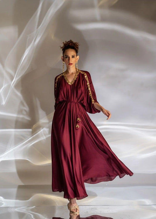 Tahira Drape Dress in Burgundy