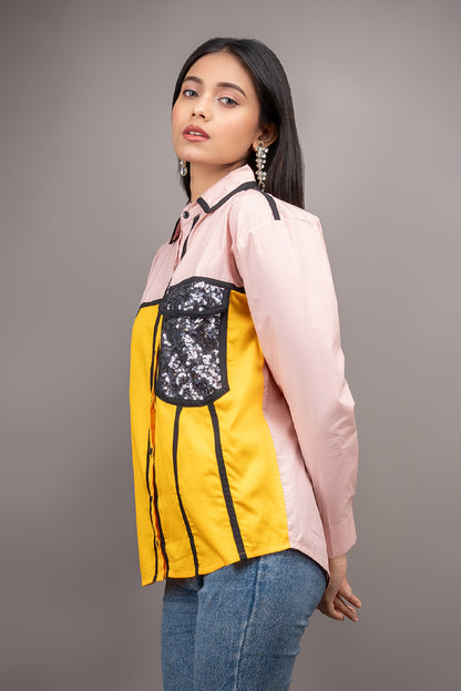 Color Block Shirt with Sequin Pocket