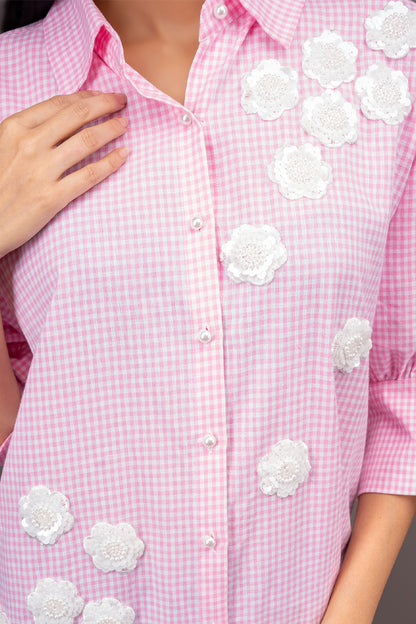 Pink Checks Shirt with flower detail