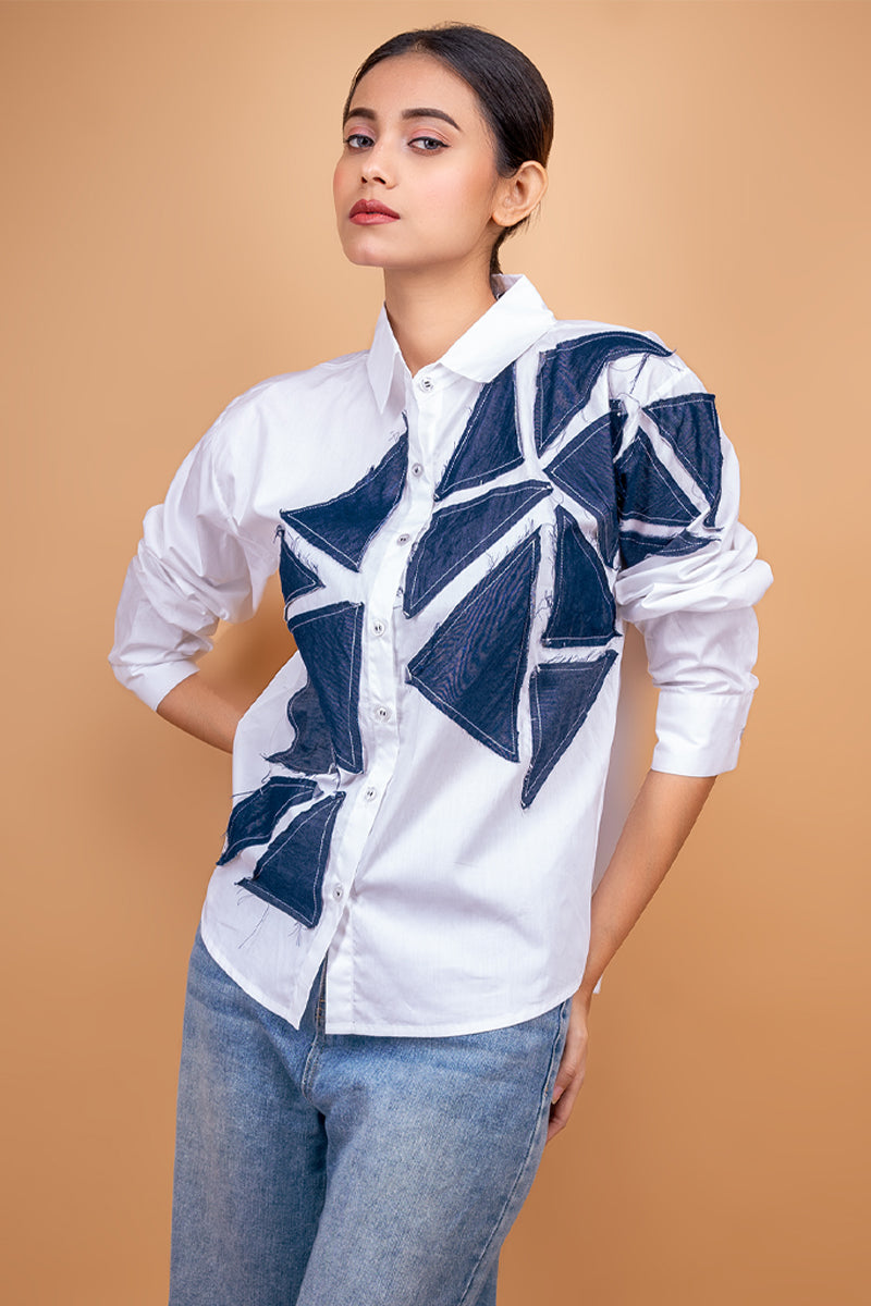 White shirt with denim patchwork