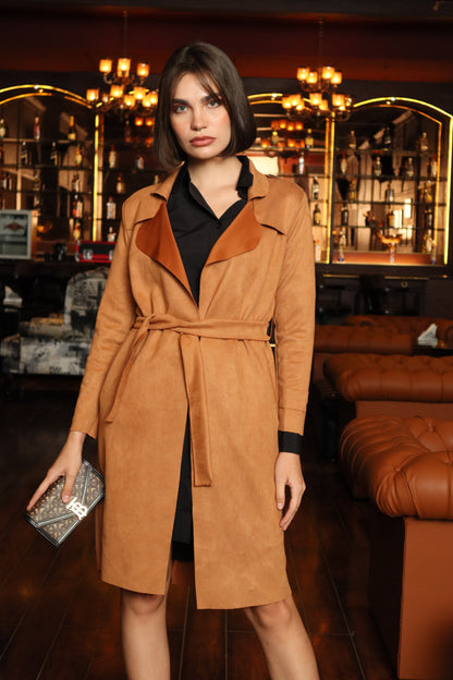 Tan Suede Long Length Overcoat